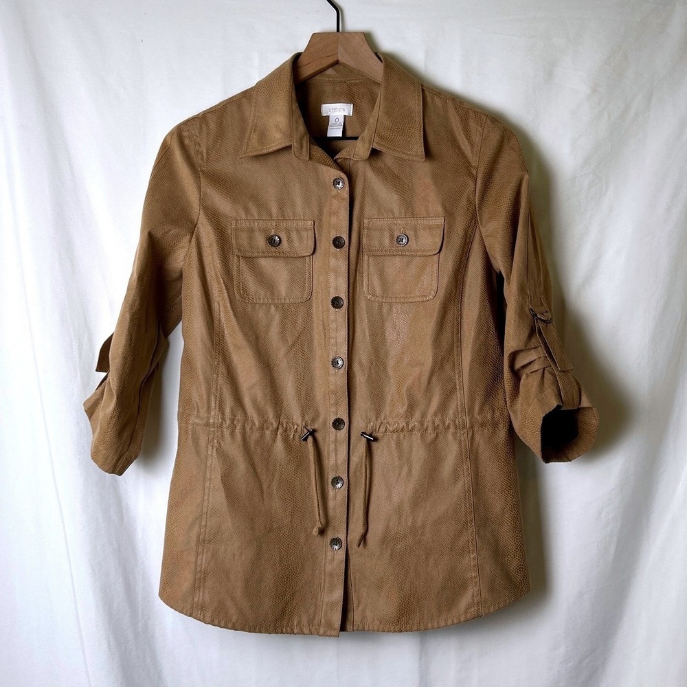 Chico's Women Snakeskin Embossed Utility Safari Jacket Size 0/S Tan Animal Print